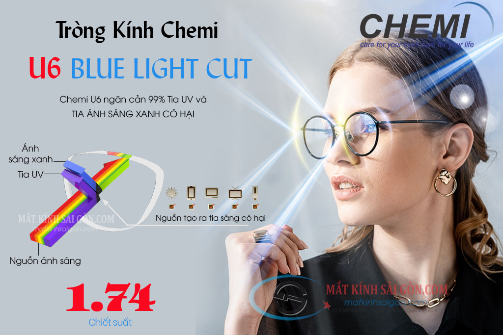 Tròng Kính 1.74 Chemi U6 BLUE LIGHT CUT